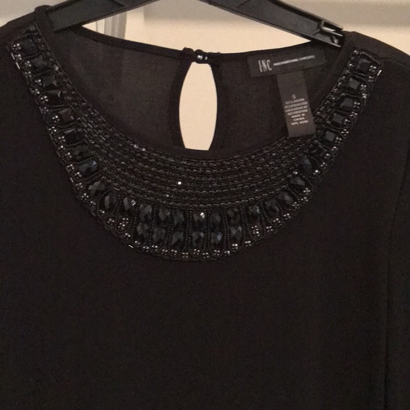 EUC “INC” BLACK COCKTAIL DRESS. EMBELLISHED NECKLINE LONG SLEEVES W/ELASTIC HEM - Picture 4 of 7